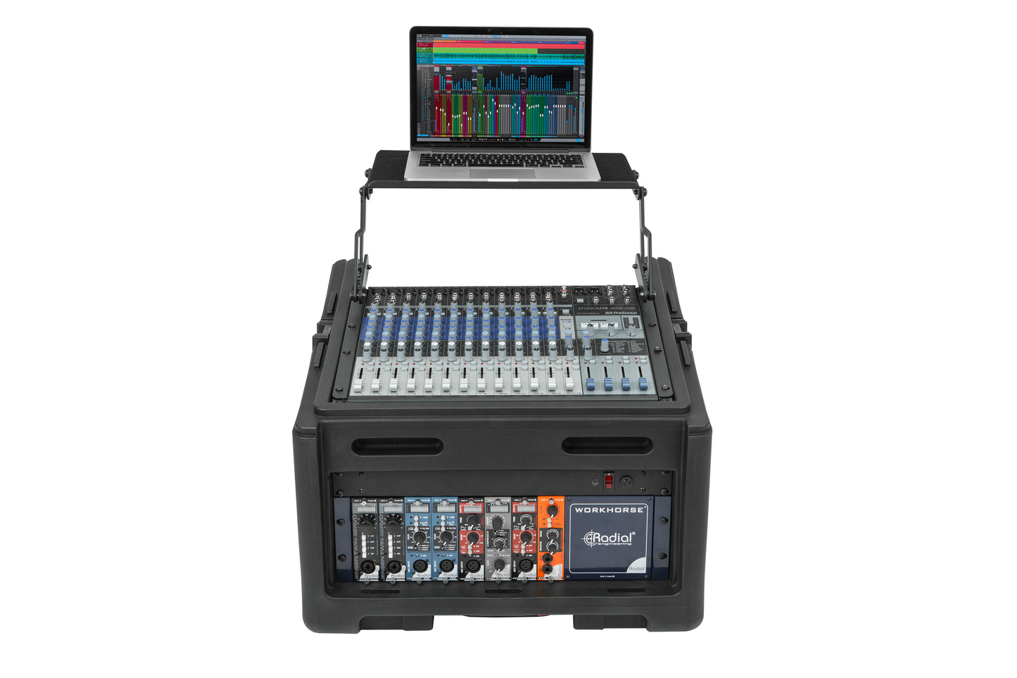 Rolling Compact Rig: 10U Top Rack, 4U Front Rack, Steel Rails, Hard top