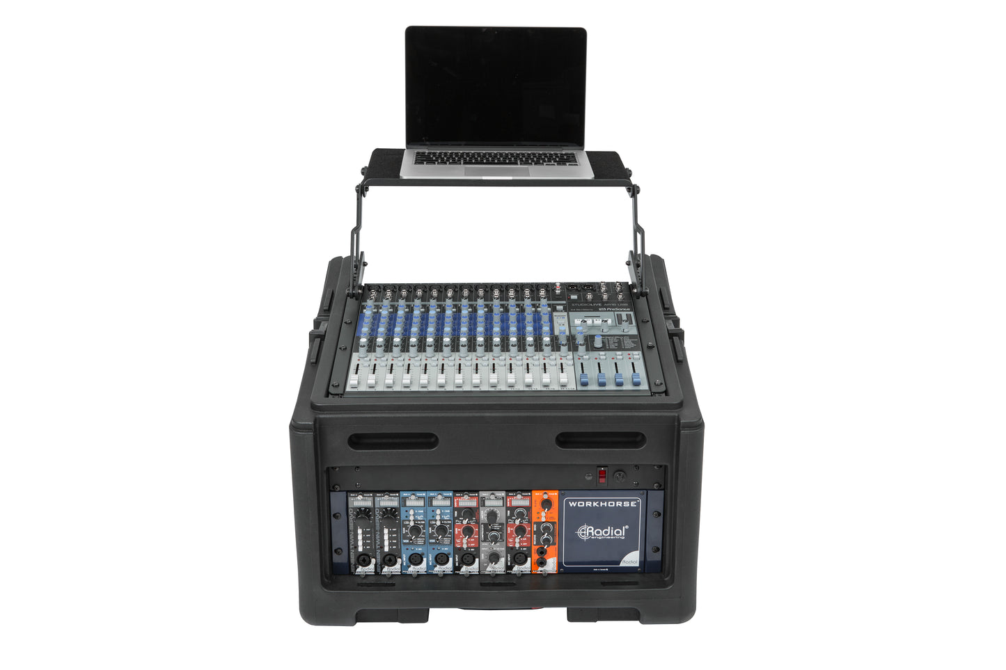 Rolling Compact Rig: 10U Top Rack, 4U Front Rack, Steel Rails, Hard top