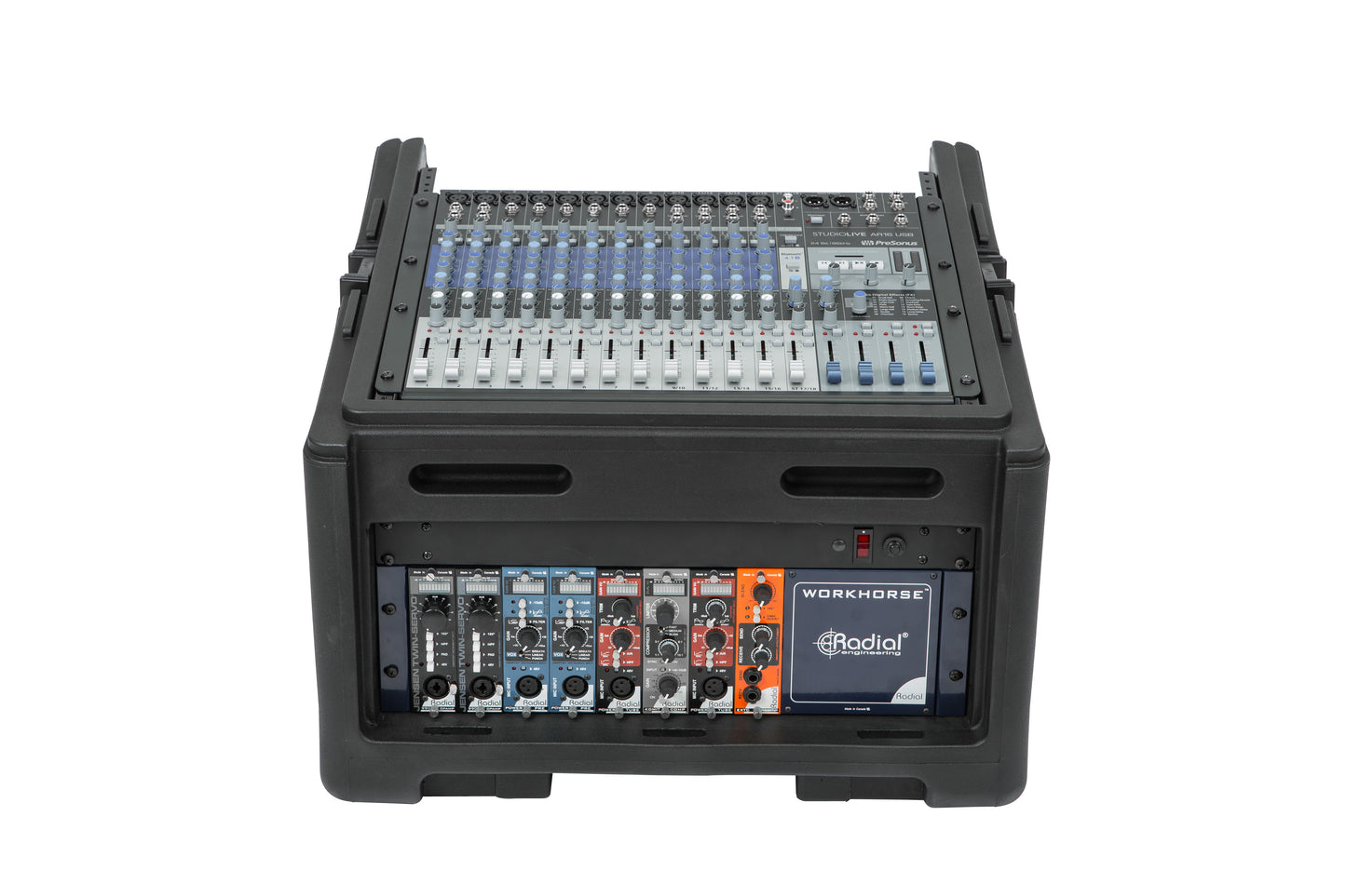 Rolling Compact Rig: 10U Top Rack, 4U Front Rack, Steel Rails, Hard top