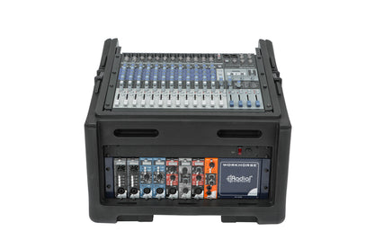 Rolling Compact Rig: 10U Top Rack, 4U Front Rack, Steel Rails, Hard top