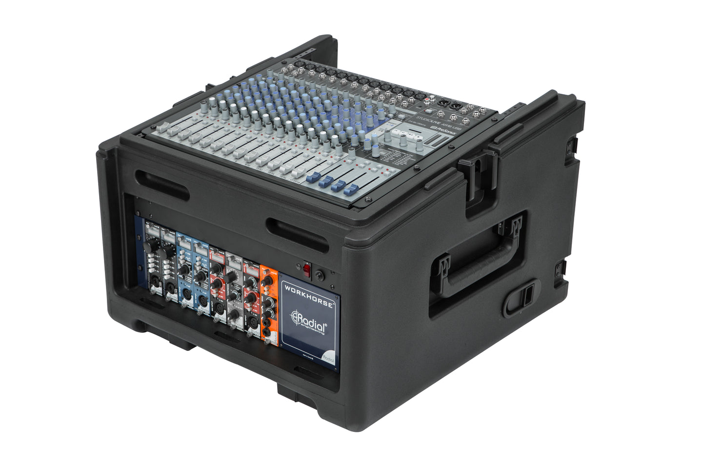 Rolling Compact Rig: 10U Top Rack, 4U Front Rack, Steel Rails, Hard top