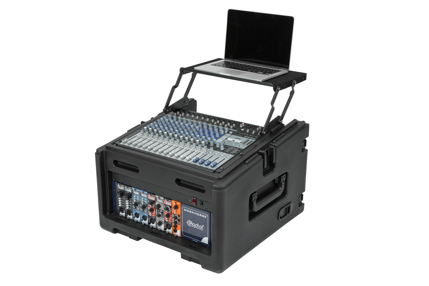 Rolling Compact Rig: 10U Top Rack, 4U Front Rack, Steel Rails, Hard top
