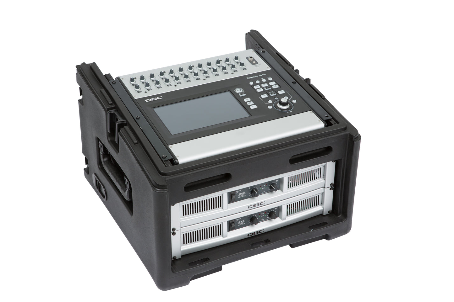 Rolling Compact Rig: 10U Top Rack, 4U Front Rack, Steel Rails, Hard top