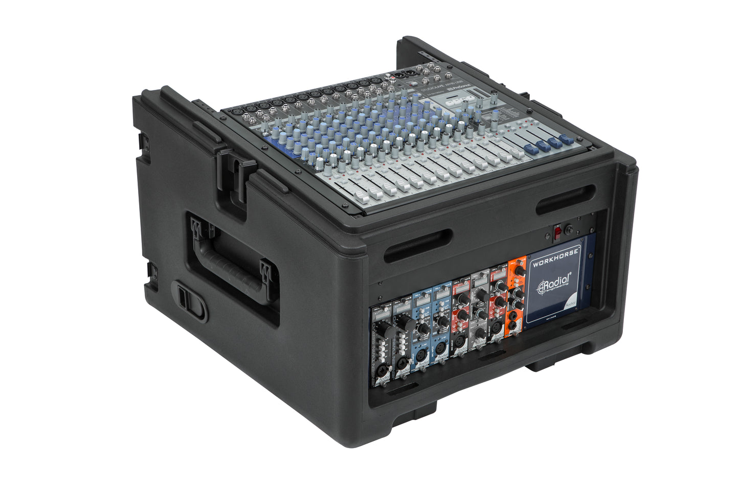 Rolling Compact Rig: 10U Top Rack, 4U Front Rack, Steel Rails, Hard top
