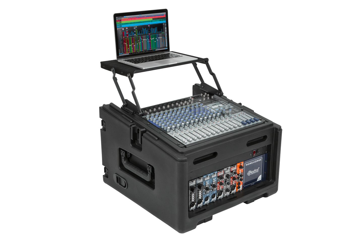 Rolling Compact Rig: 10U Top Rack, 4U Front Rack, Steel Rails, Hard top