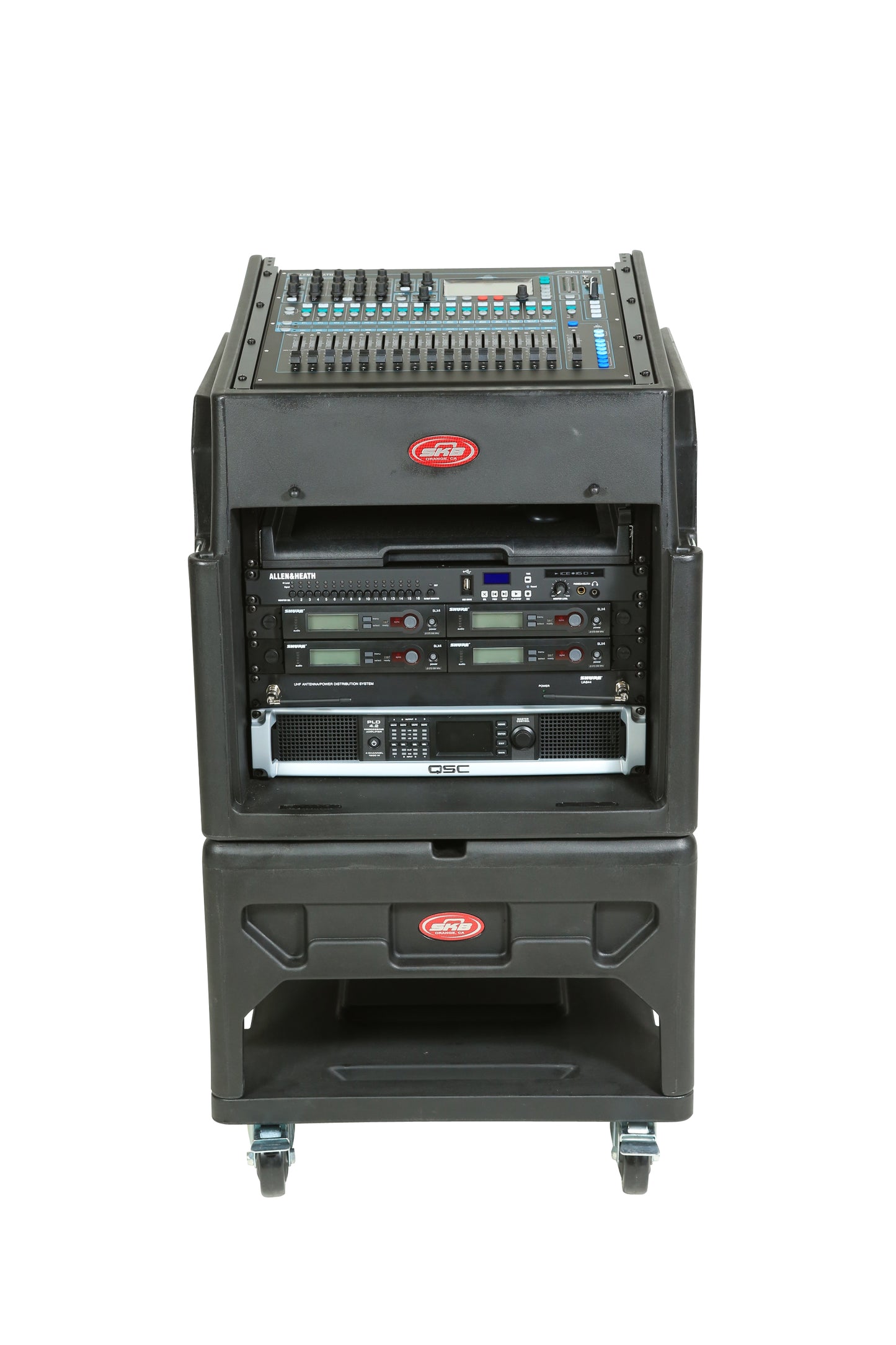 Gig Rig: 12U Top Rack, 8U Front Rack w rear rails, Built-in pedestal