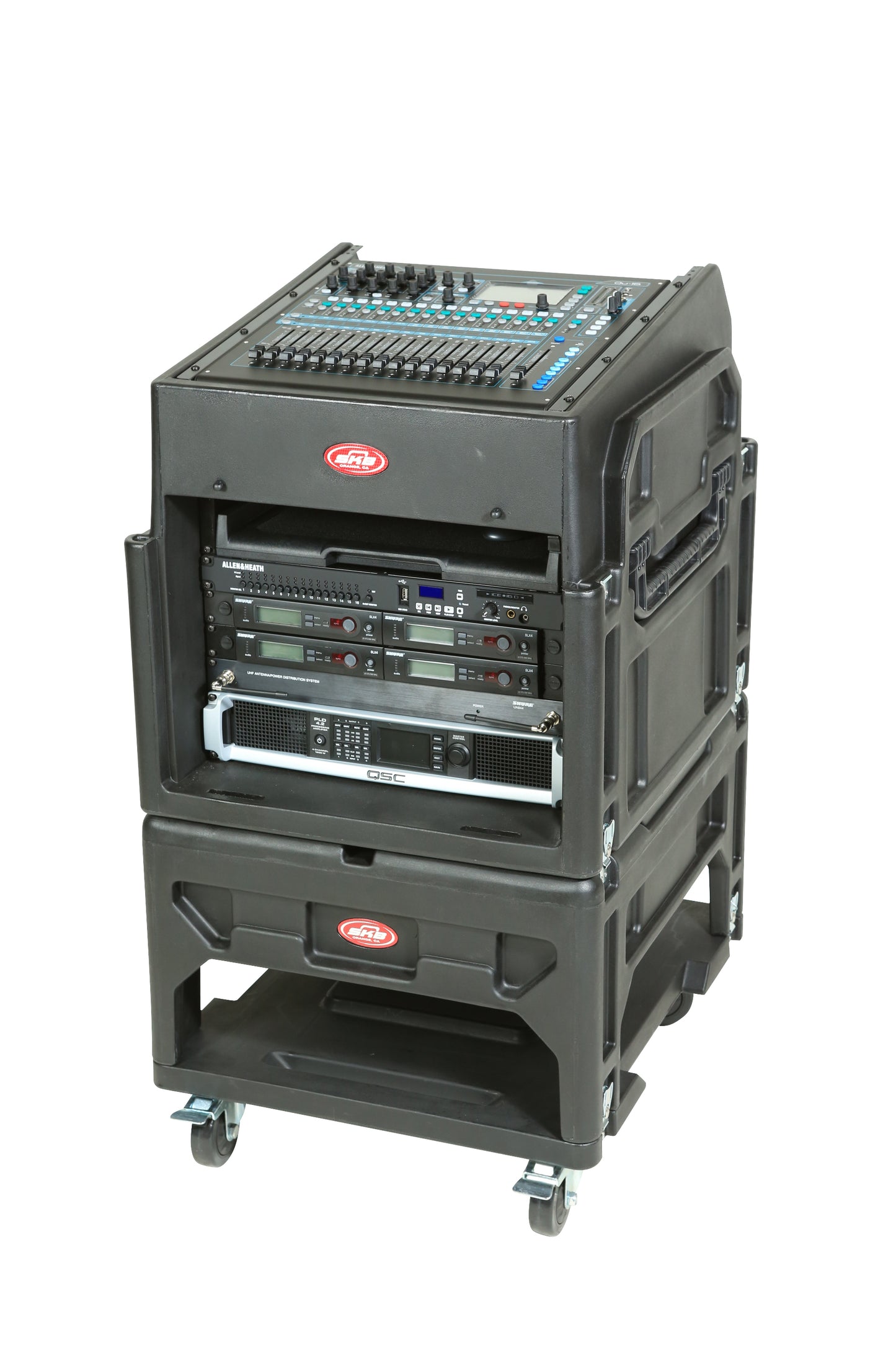 Gig Rig: 12U Top Rack, 8U Front Rack w rear rails, Built-in pedestal