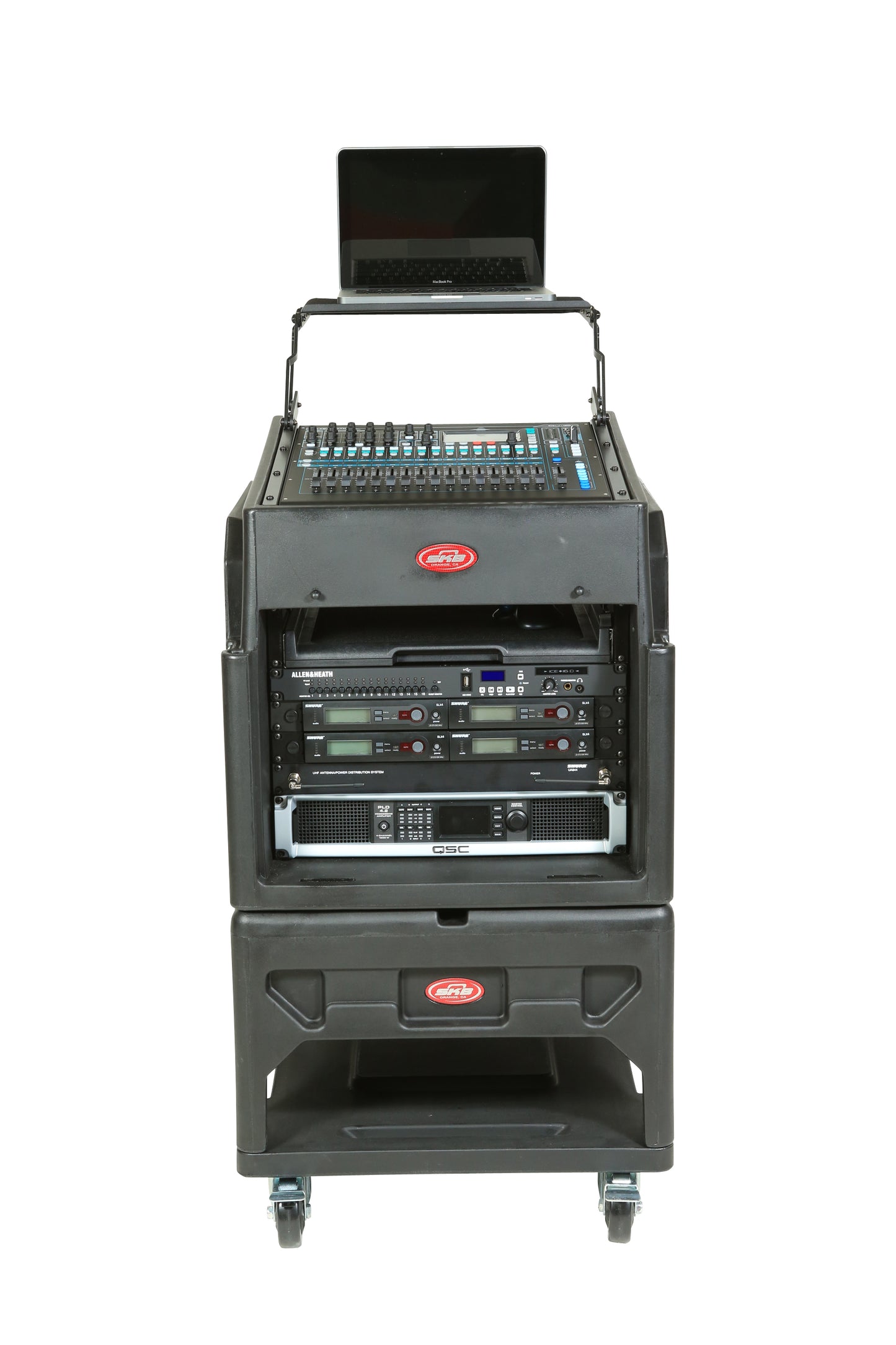 Gig Rig: 12U Top Rack, 8U Front Rack w rear rails, Built-in pedestal