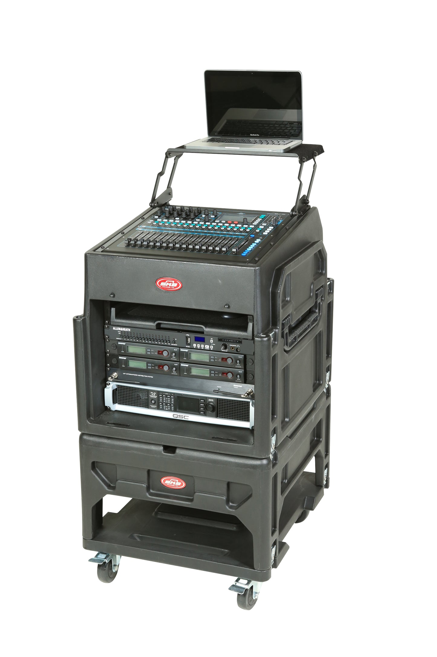 Gig Rig: 12U Top Rack, 8U Front Rack w rear rails, Built-in pedestal