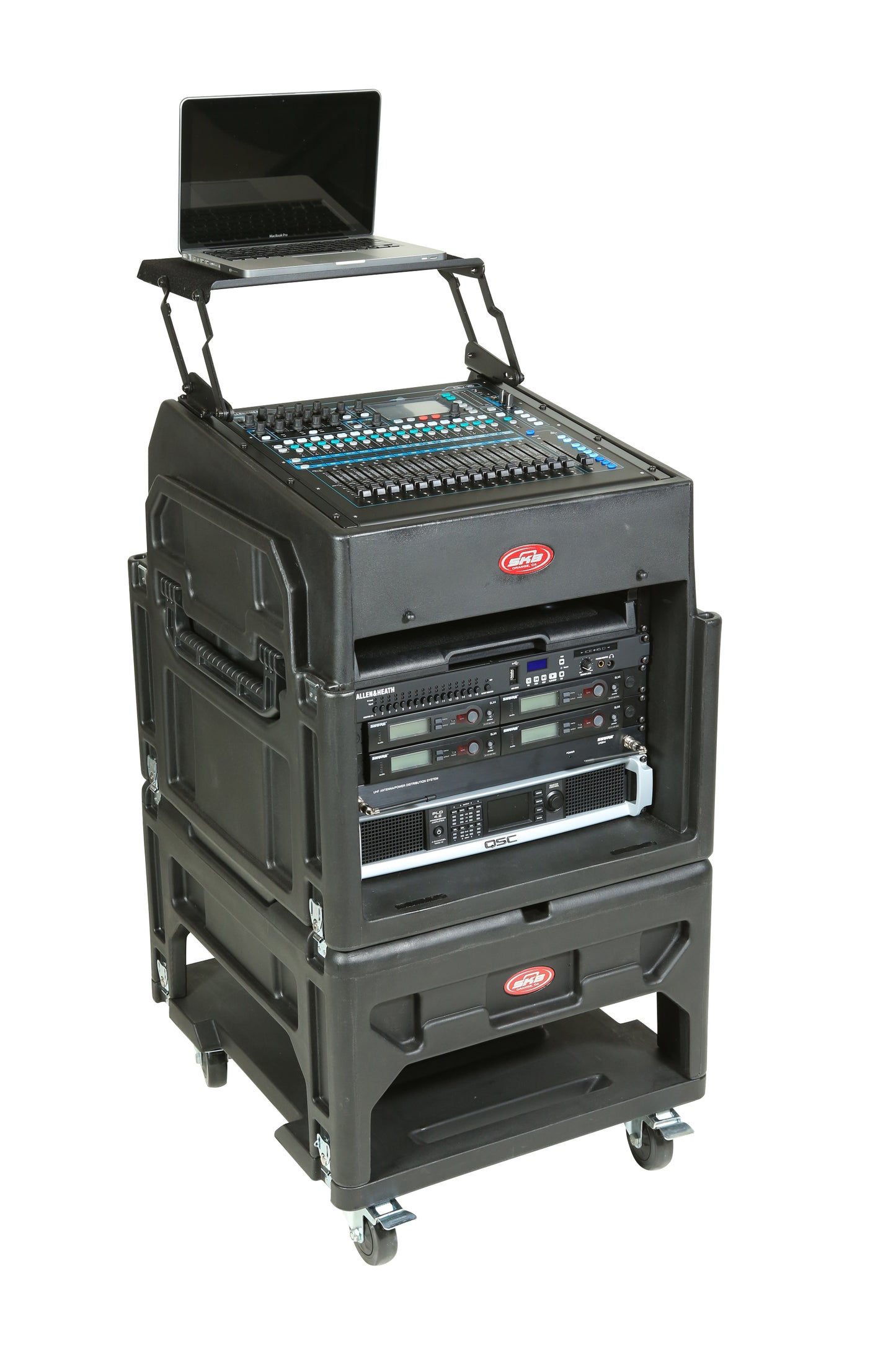 Gig Rig: 12U Top Rack, 8U Front Rack w rear rails, Built-in pedestal