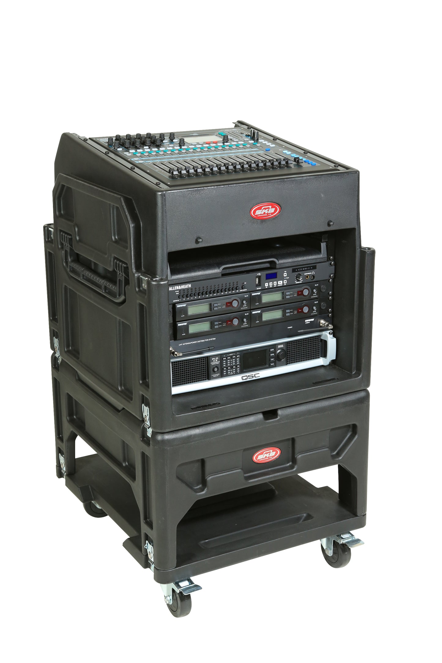 Gig Rig: 12U Top Rack, 8U Front Rack w rear rails, Built-in pedestal